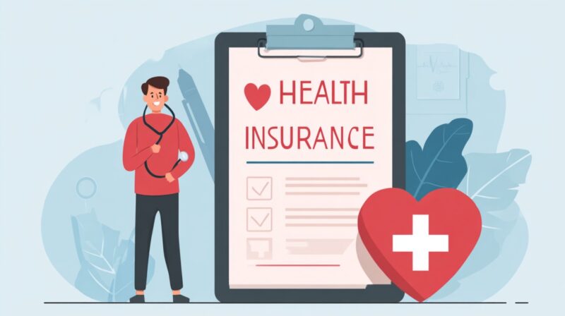 Illustration of a doctor standing beside a clipboard labeled health insurance with a red heart and medical cross