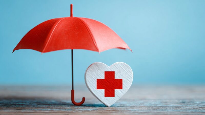 Red umbrella protecting a white heart with a red medical cross, symbolizing health insurance coverage