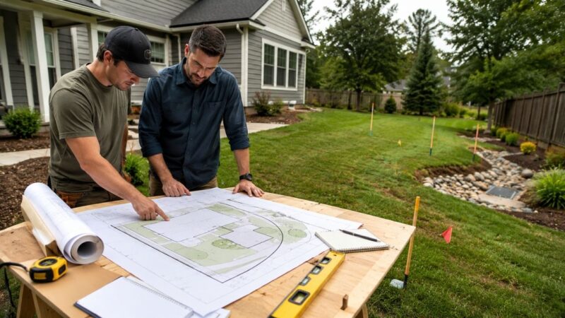 Homeowner and contractor reviewing a property site plan in a suburban backyard before construction begins.