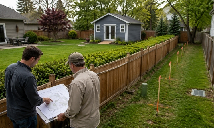 Surveyor and homeowner reviewing property boundaries, setbacks and easements beside a fenced suburban yard.