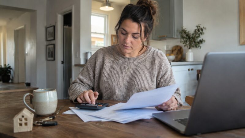 Woman reviewing insurance documents and using a calculator at her kitchen table.