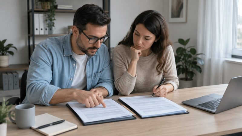 Couple reviewing two insurance policy documents side by side at a desk.