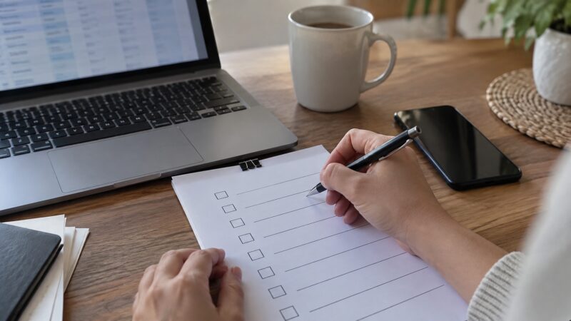Person completing an insurance comparison checklist beside a laptop and smartphone.