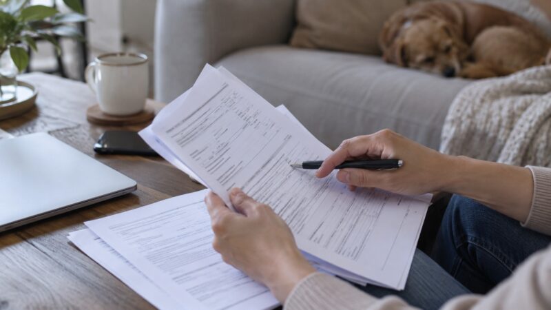 Person reviewing insurance policy documents at a coffee table with a sleeping dog in the background.
